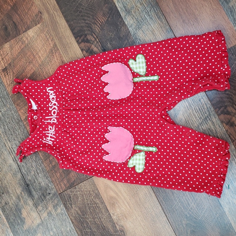 Wishes & Kisses Red Polka Dot Floral Embroidered Jumpsuit, Size 3-6 Months